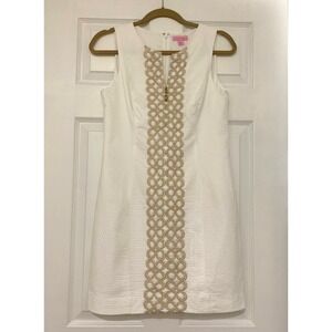 Lilly Pulitzer Mila Zip Front White Shift Dress 4 Gold Lace Textured Cotton